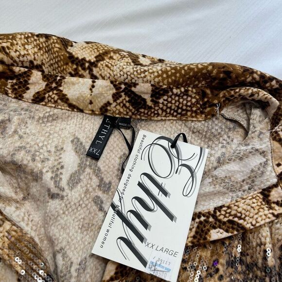 NWT Ethyl Snakeprint Sequin Sparkle Tunic Top Button Up Shirt Plus Size XXL New - Picture 2 of 9